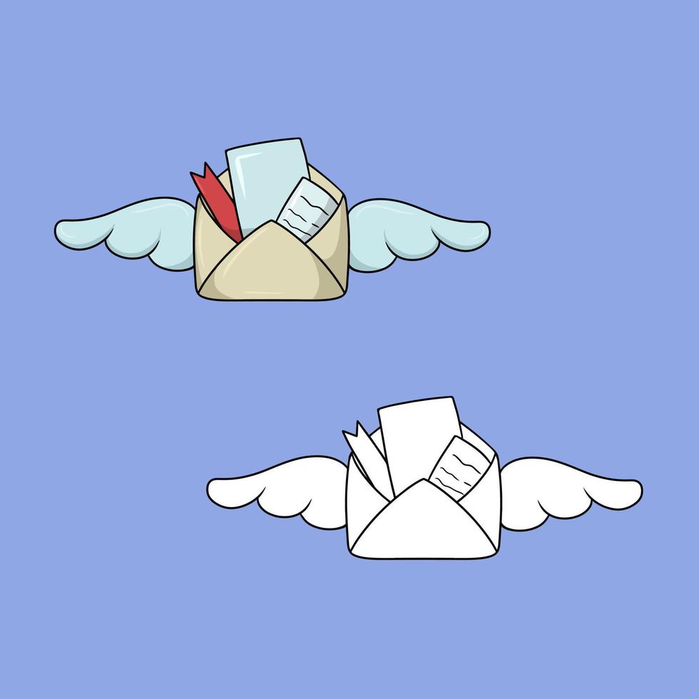 A set of images, a romantic open vintage envelope with a letter and wings, a vector illustration in cartoon style on a colored background