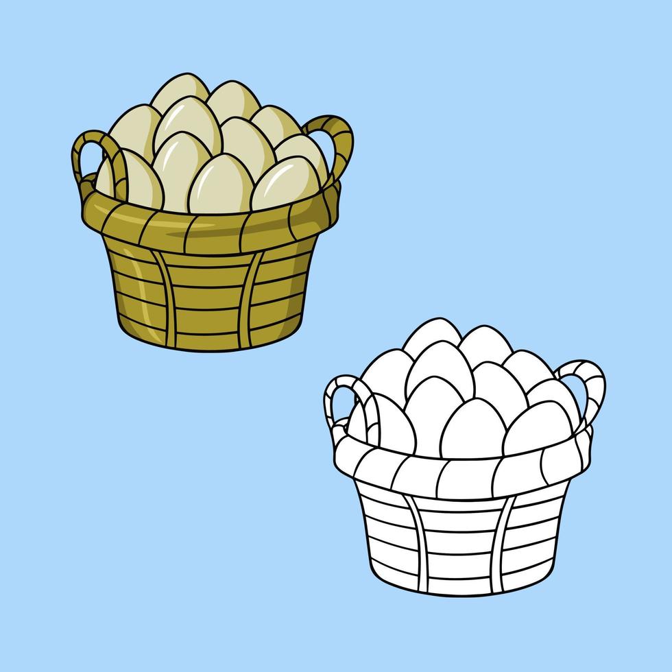 A set of images, a large brown basket with chicken eggs, vector illustration in cartoon style