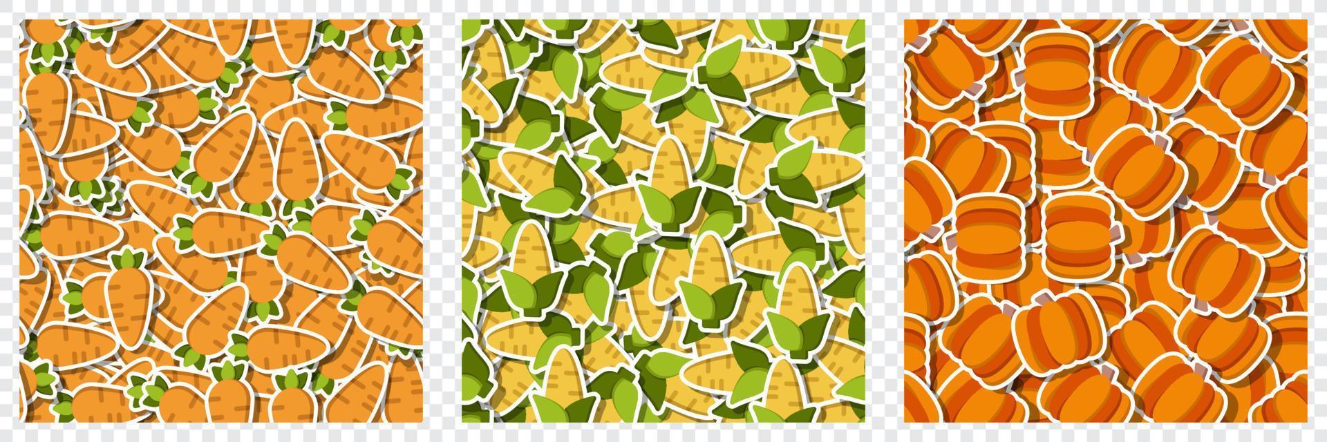 Flat carrot, corn, pumpkin vegetable sticker seamless pattern. Modern background ornament with carrot, corn, pumpkin vegetables. Vector illustration
