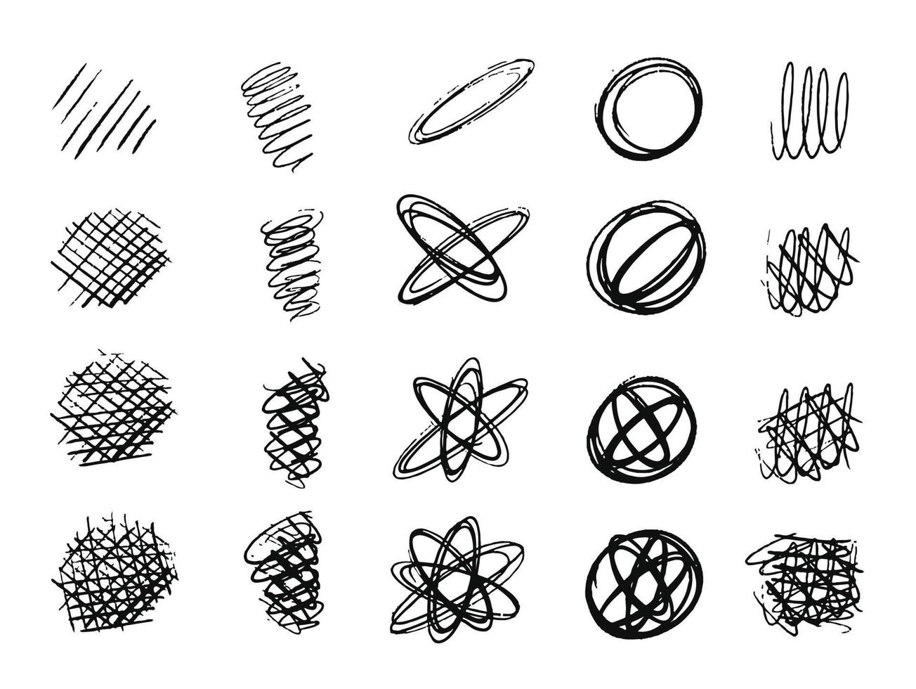 Minimalist cross hatching and brush stroke. Textured grunge ink set collection of doodles and scribbles, circle and curls drawn with sharp ink vector illustration art work