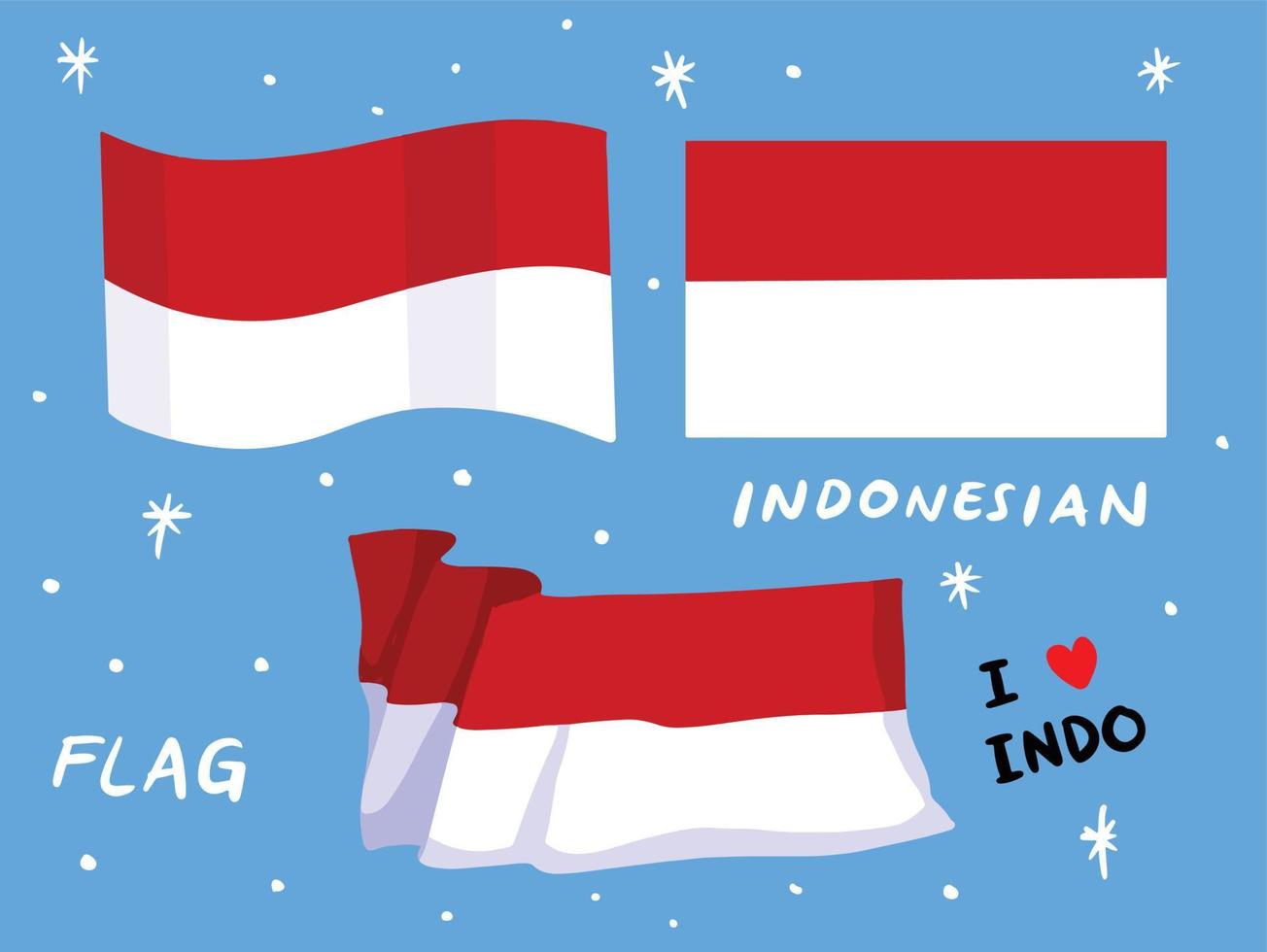 Vector illustration set of Indonesian flag. Bendera merah putih Indonesia 17 Agustus 1945. National flag with cartoon flat art style set collection.