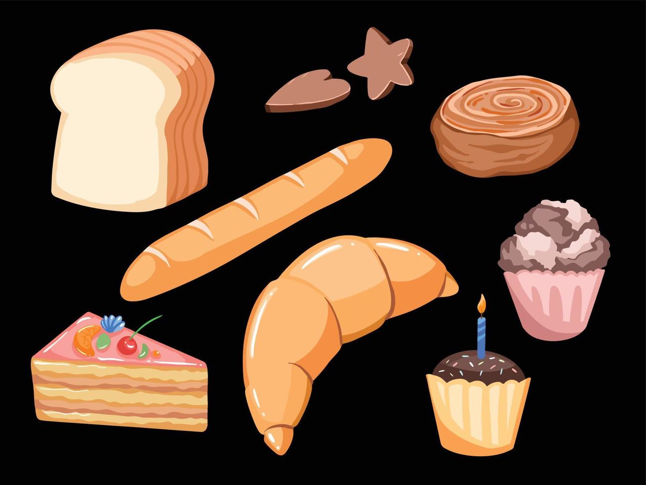 Delicious bread vector illustration. Flat style drawing of bread from croissant, strawberry cheese cake, cup cake, dry chocolate cookies, cinnamon roll with dominant brown color.