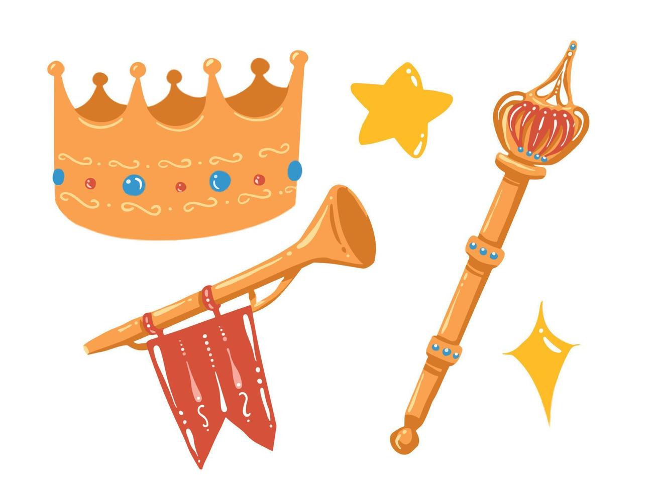 King's Attributes element drawings of queen or king crown, star, trumpet, staff to express glory and kingdom. Vector illustration set collection with flat art style.