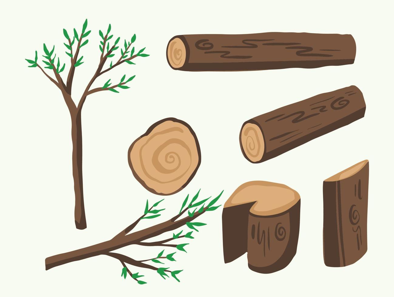 Illustration set of tree and woods or branch and stump in various shape and angle. Vector flat art style drawing with cartoon art style.