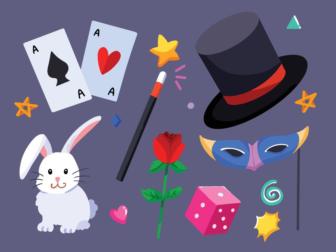 Magician attributes like card, wand, top hat, mask, dice, rose, rabbit, and other decoration. Vector illustration set with flat cartoon art style.