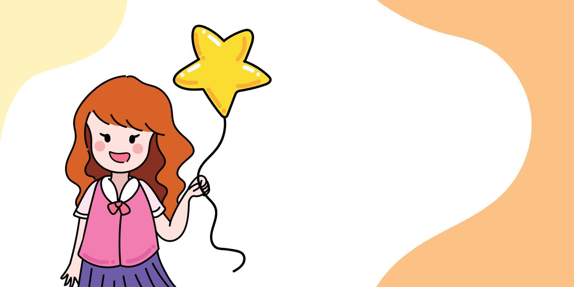 linda niña sosteniendo un globo de estrella amarilla. fondo temático de los niños. vector