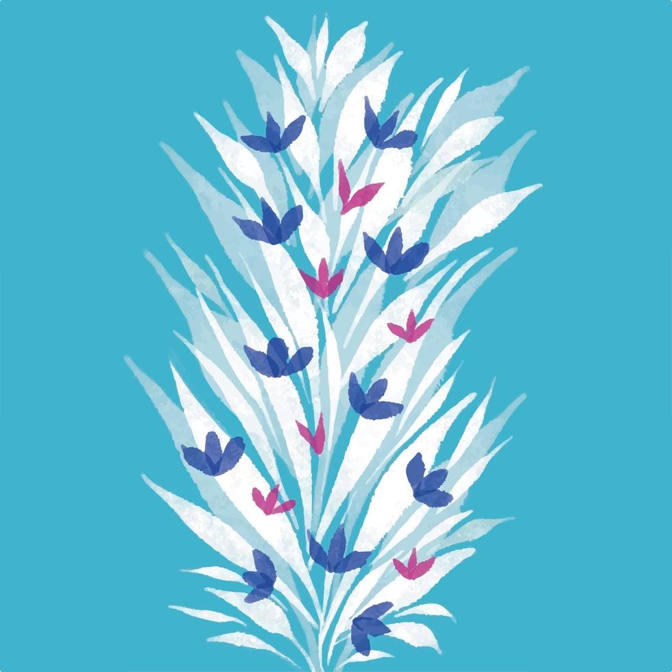 hojas blancas abstractas botánicas con flores pequeñas azules y rosas en el centro del fondo verde turquesa vector