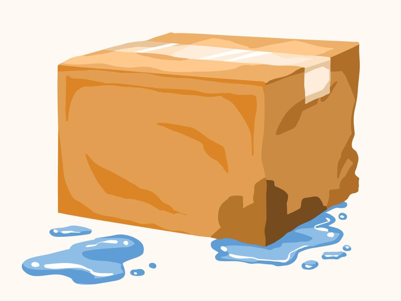 Cartoon wet packaging of a parcel. Wet, broken, and crumpled cardboard box vector illustration with flat vector art style.