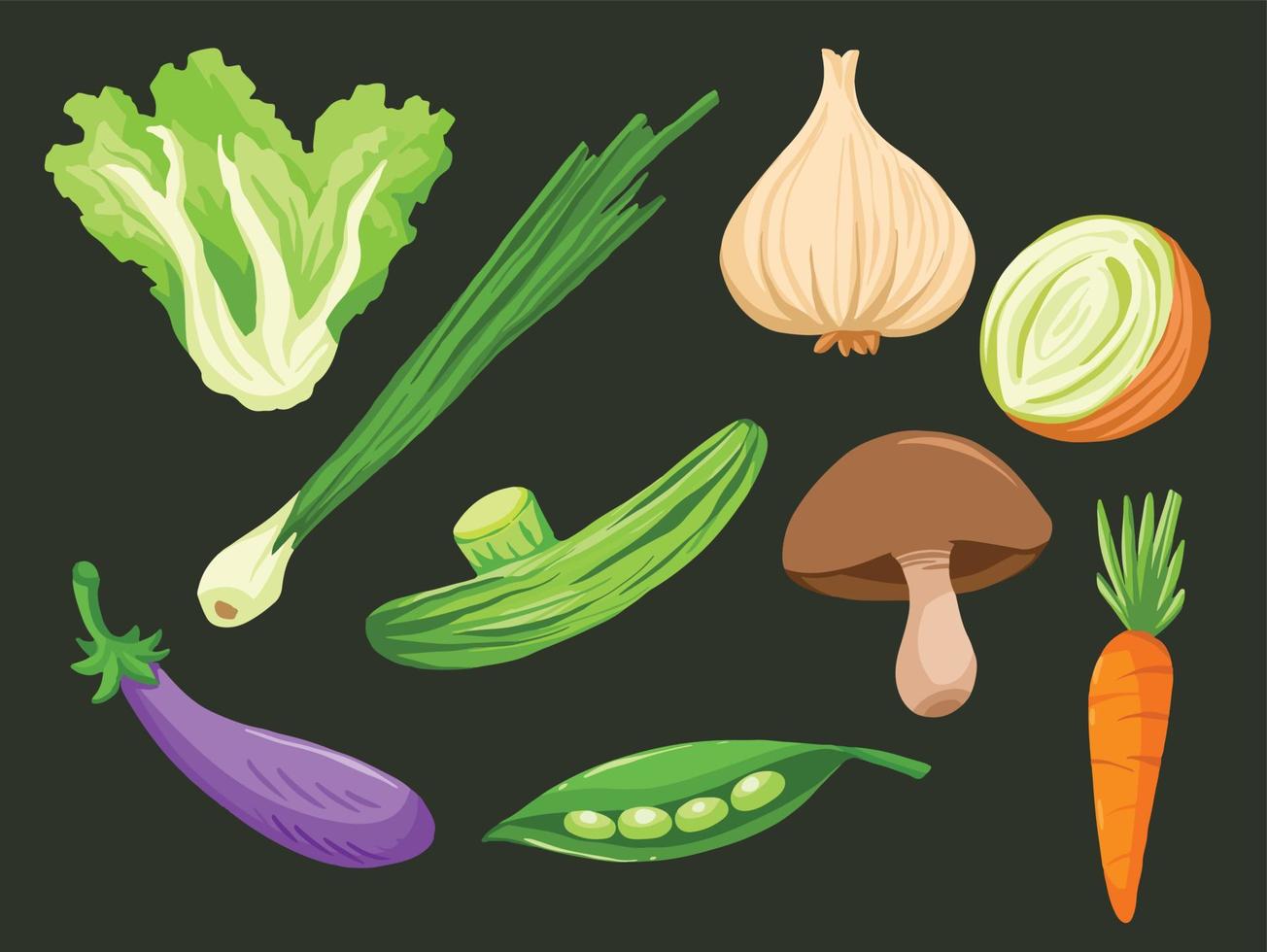 Healthy set of vegetables like leek, cucumber, mushroom, garlic, onion, peas, eggplant, and carrot vector illustration drawing. Cartoon flat art style isolated on dark background.