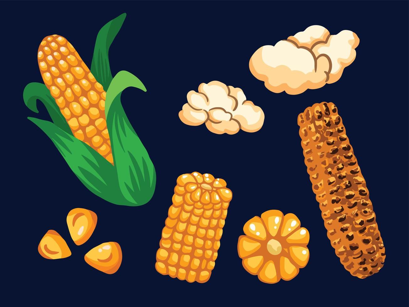 conjunto de recolección de maíz a partir de semillas, palomitas de maíz y maíz tostado. deliciosa ilustración de vector de comida tropical de verano con estilo de arte plano dibujado a mano.