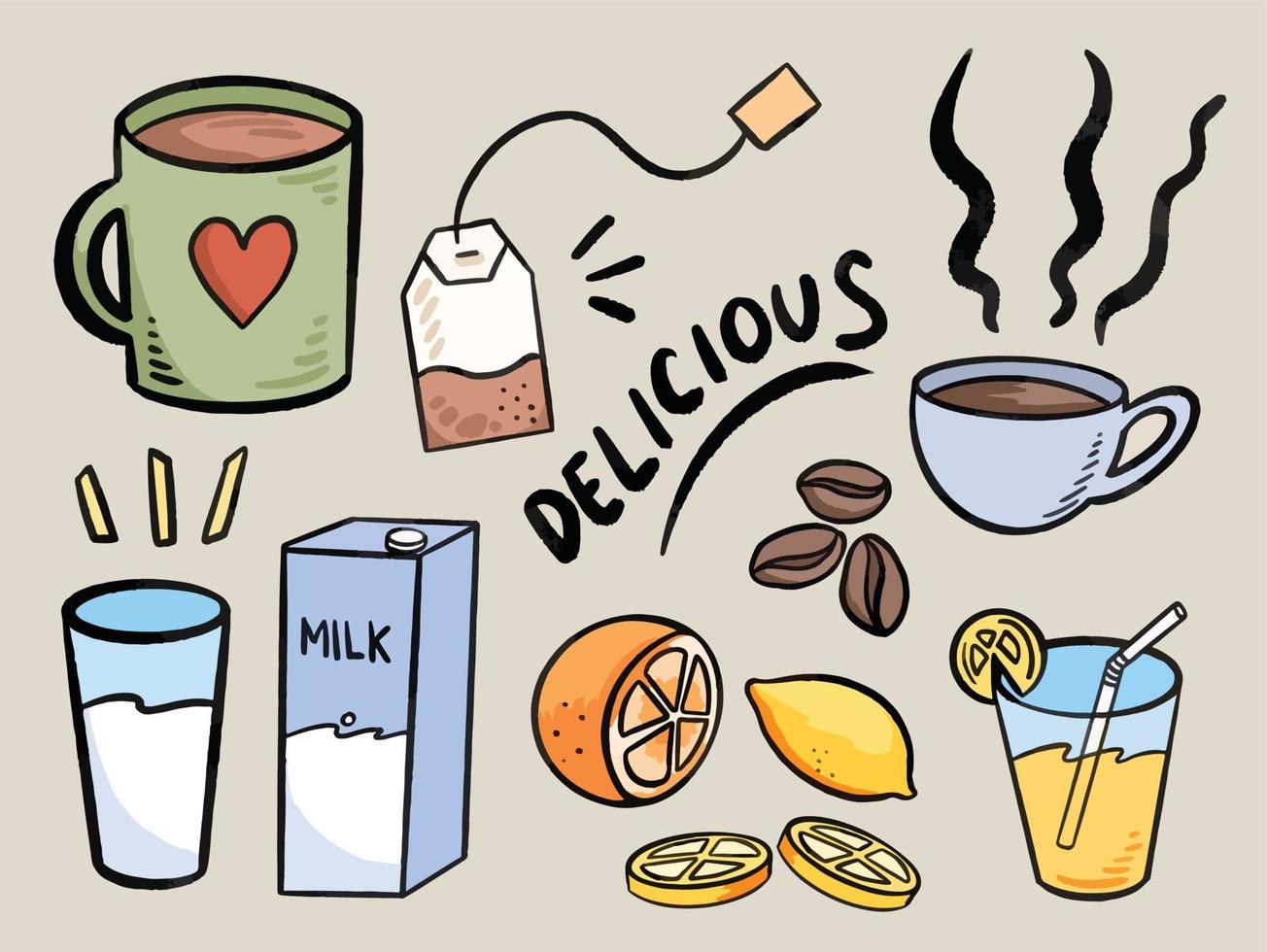 varias bebidas como té, café, jugo de naranja y leche. bebidas matutinas para comenzar un buen día ilustración vectorial con contorno limpio y colores planos. vector