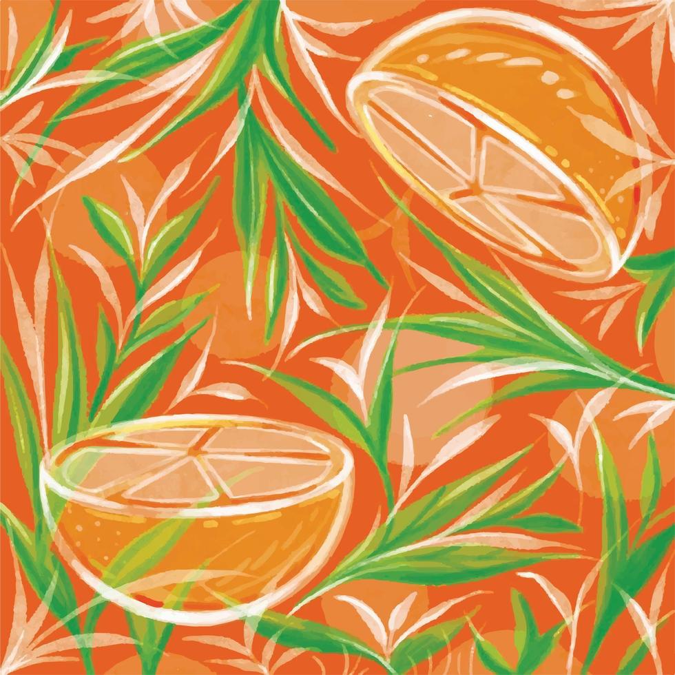 Orange fruit pattern with green leaves fresh background pattern vector illustration with watercolor style for wallpaper and background. Can be used for paper print, wrapping, gift, greeting card.
