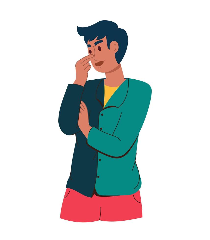 A young handsome man in contemplation. In a modern green blouse and red trousers. Vector illustration of a flat isolated white background