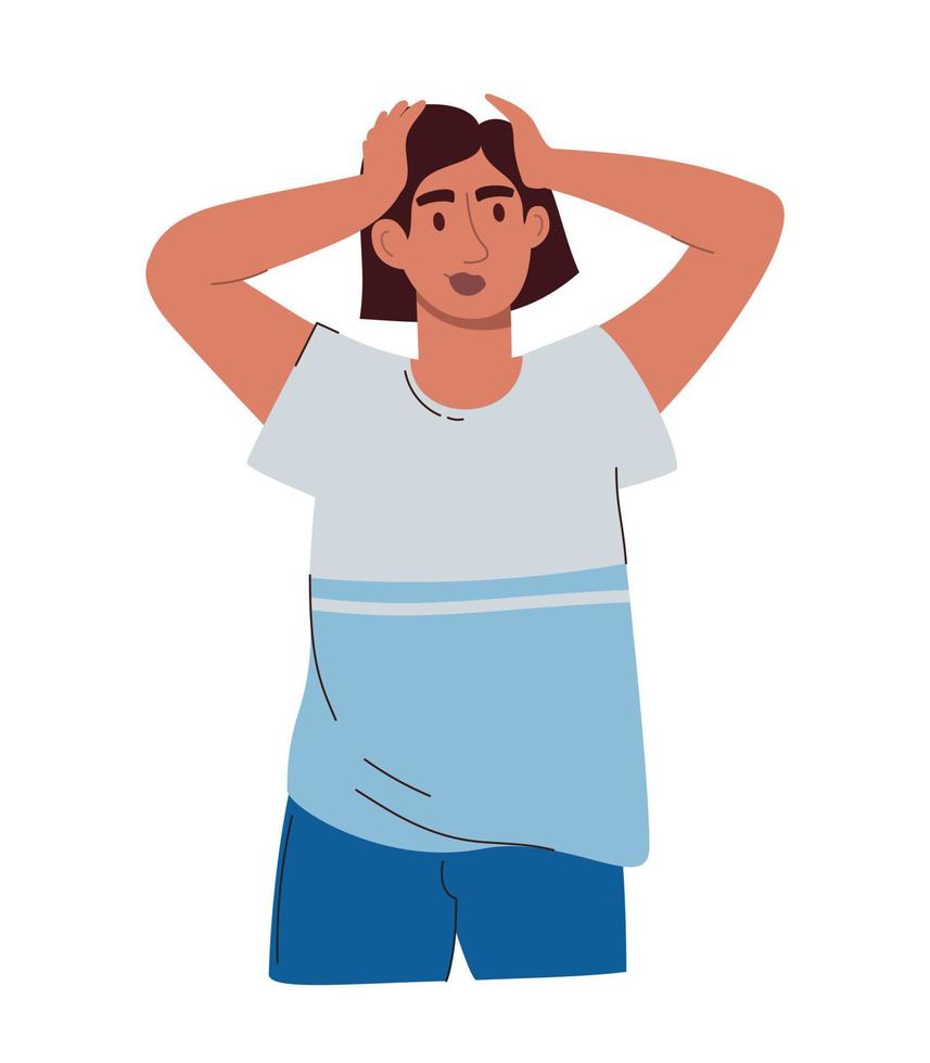 A young handsome man is holding his head in confusion. In a blue and white Tshirt and blue trousers. Vector illustration of a flat isolated white