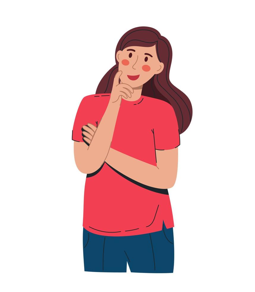 una mujer hermosa joven en duda. en una camiseta roja y pantalón azul. ilustración vectorial fondo blanco plano aislado vector