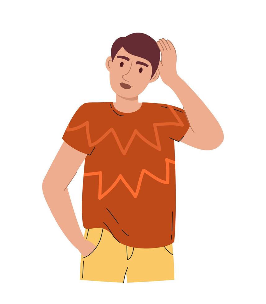 A young handsome man holds his head and solves the problem. In a brown Tshirt and yellow trousers. Vector illustration of a flat isolated white background