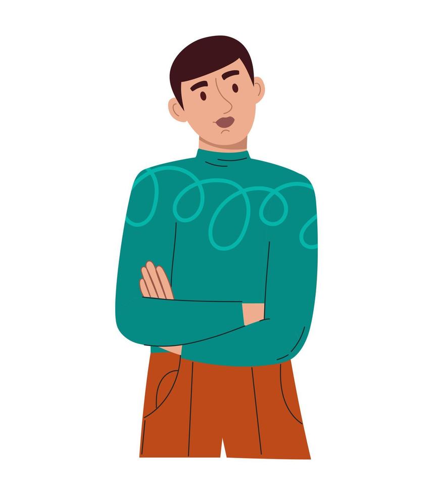 A young handsome man with a thoughtful face. In a green longsleeve and brown trousers. Vector illustration of a flat isolated white background