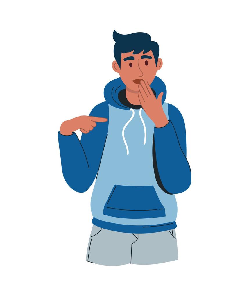 un joven apuesto reflexiona sobre la pregunta y sostiene su barbilla. con una sudadera con capucha azul y pantalones grises. ilustración vectorial de un fondo blanco plano aislado vector