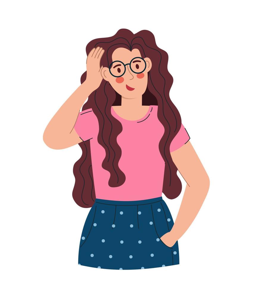 una mujer hermosa joven con gafas sostiene la cabeza y resuelve el problema. en una blusa rosa y una falda azul. ilustración vectorial fondo blanco plano aislado vector