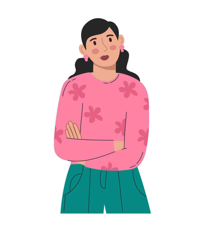 una mujer hermosa joven con una cara pensativa. con una chaqueta rosa y pantalones verdes. ilustración vectorial fondo blanco plano aislado vector