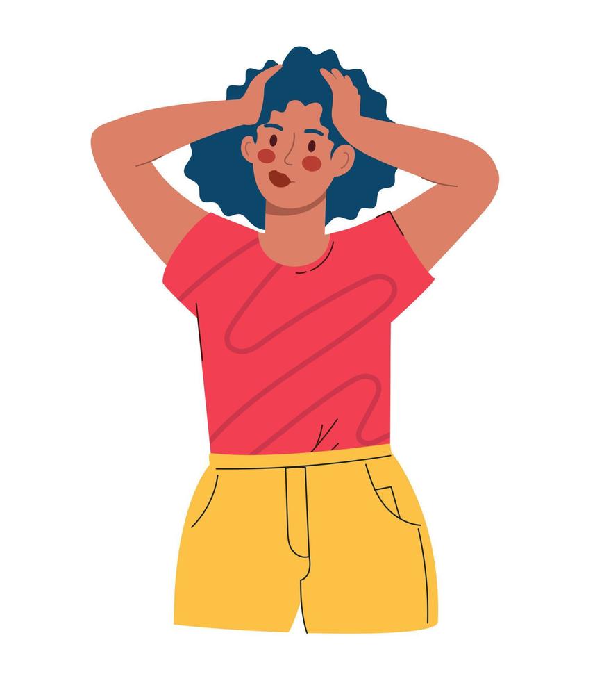 A young beautiful woman holds her head in confusion. In a red blouse and yellow trousers. Vector illustration flat isolated white background