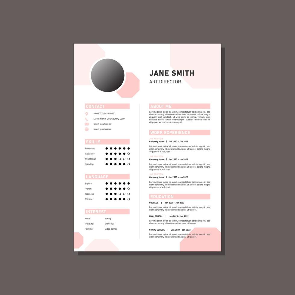 creative resume template with pink hexagon shapes design vector