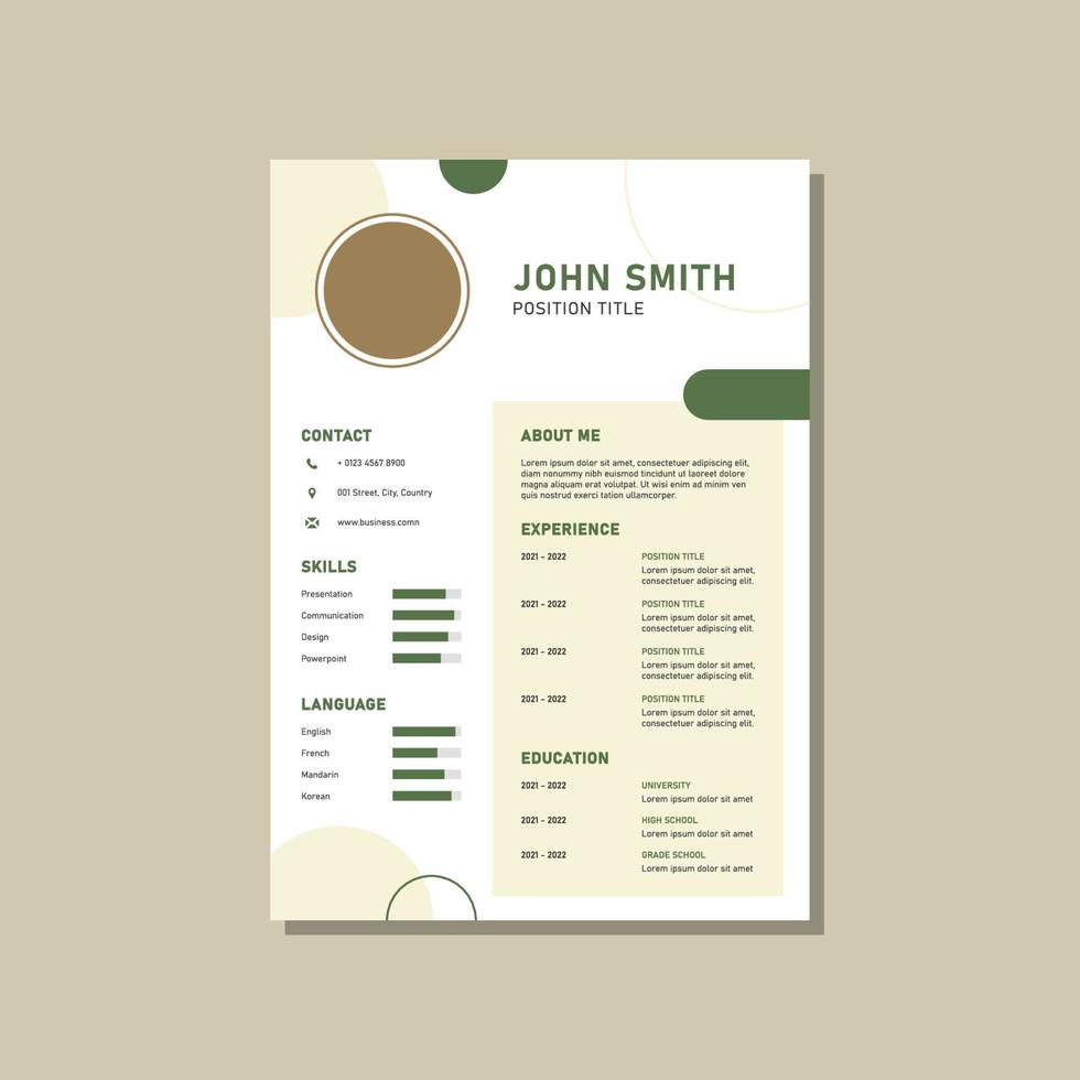 modern resume template with green and brown shapes design vector