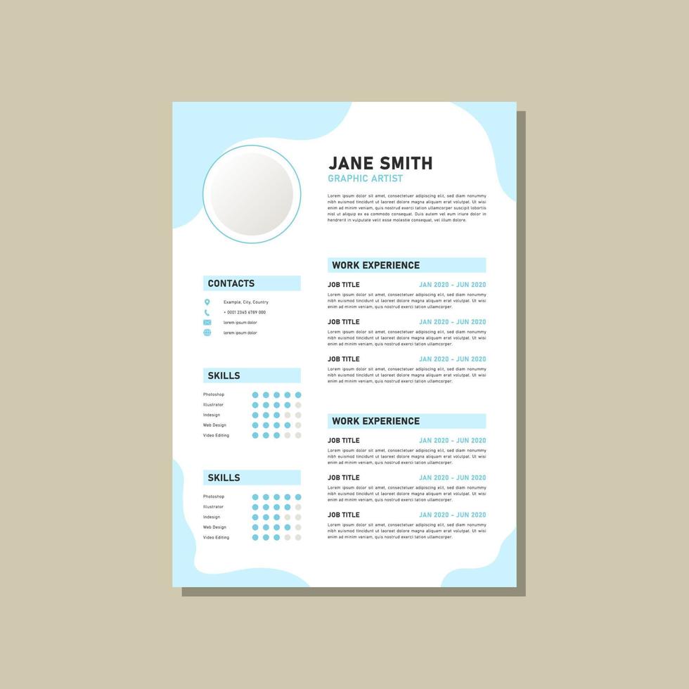 creative resume template with light blue wavy shapes design vector