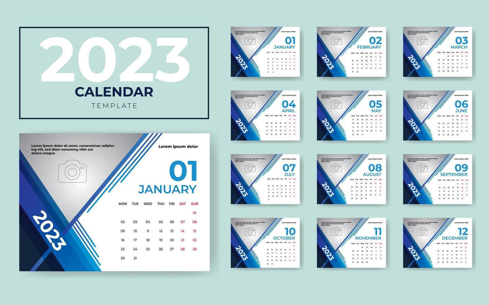 diseño de calendario 2023, plantilla de calendario 2023, diseño de calendario de 12 páginas 2023, diseño de calendario de escritorio 2023 vector