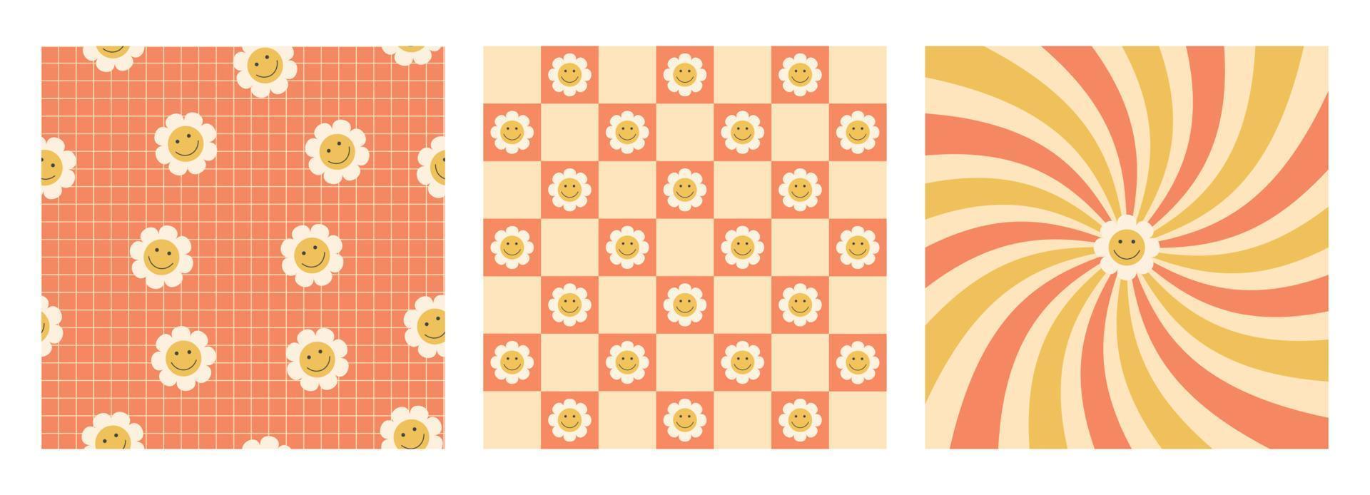 conjunto de pegatinas en estilo psicodélico retro de moda. conjunto de hippies 70s, 80s, 90s. flor sonriente divertida. patrones sin fisuras florales. margaritas en un tablero de ajedrez. rayos retros. vector