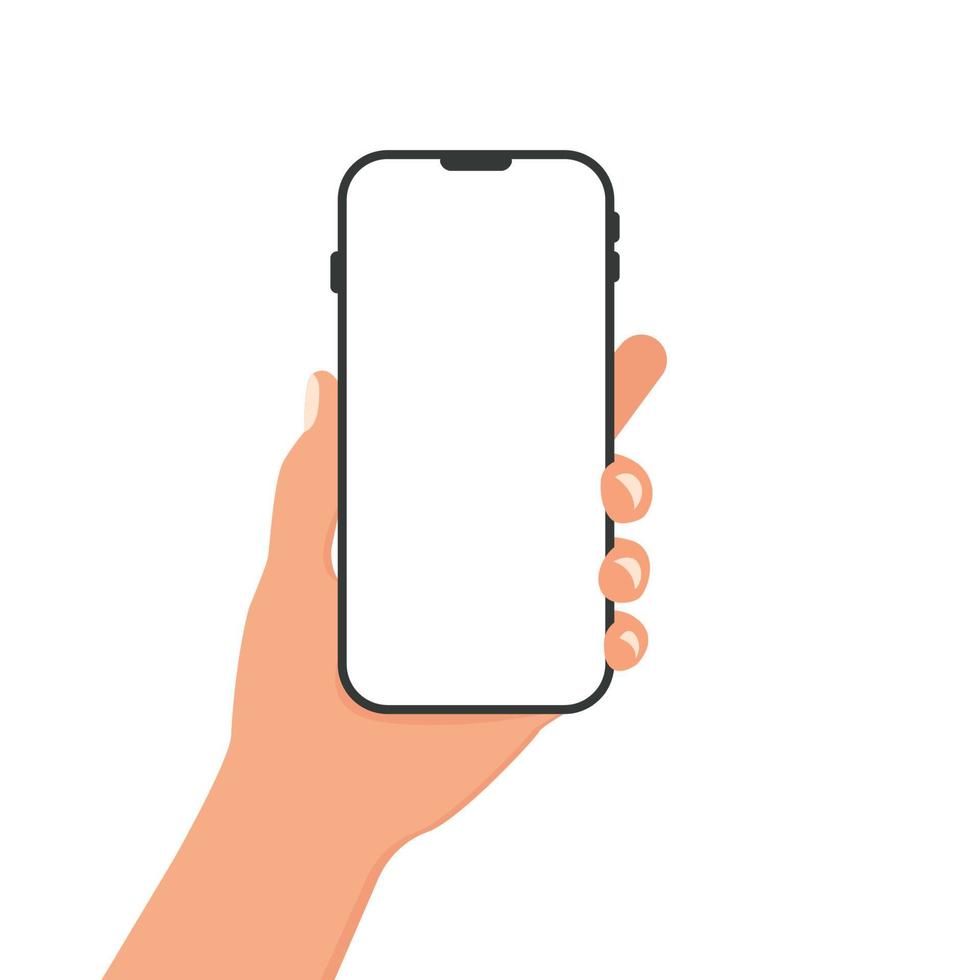 The hand holds a smartphone on a white background. Flat vector illustration. Phone template in hand.