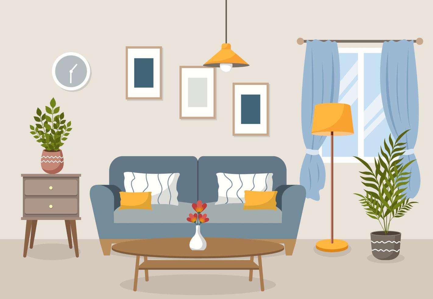 Living room interior. Vector flat illustration. Comfortable sofa with cushions, lantern, window, armchair and indoor plants, bedside table with flower.