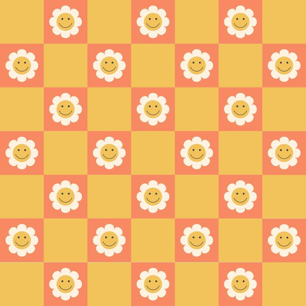 Retro chessboard seamless pattern with smiley daisies. Colorful fashion vector illustration in 70s, 80s, 90s style. Chamomile pattern.