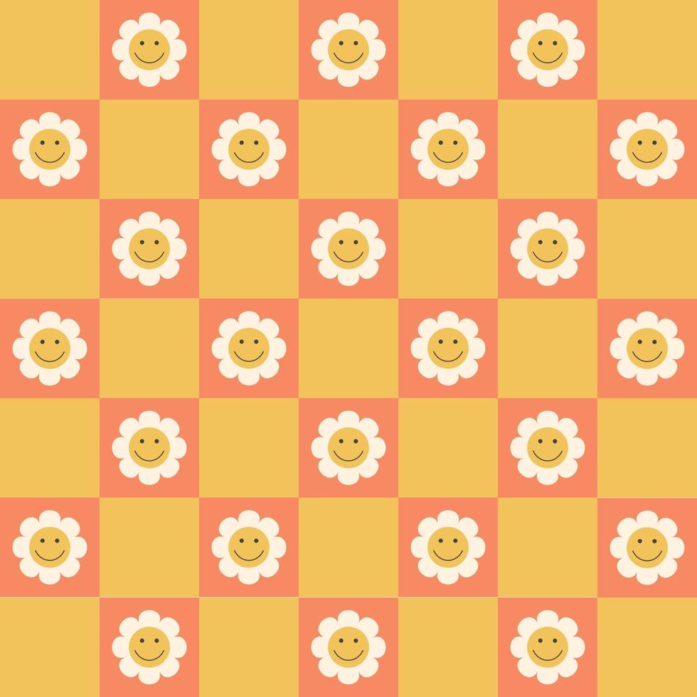 Retro chessboard seamless pattern with smiley daisies. Colorful fashion vector illustration in 70s, 80s, 90s style. Chamomile pattern.