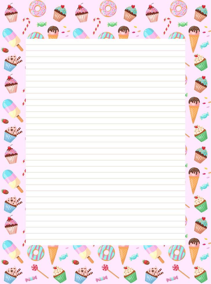 Paper for notes on the background of sweets, cupcakes, ice cream in a line. For diary. Blank for birthday. Form in a line. vector