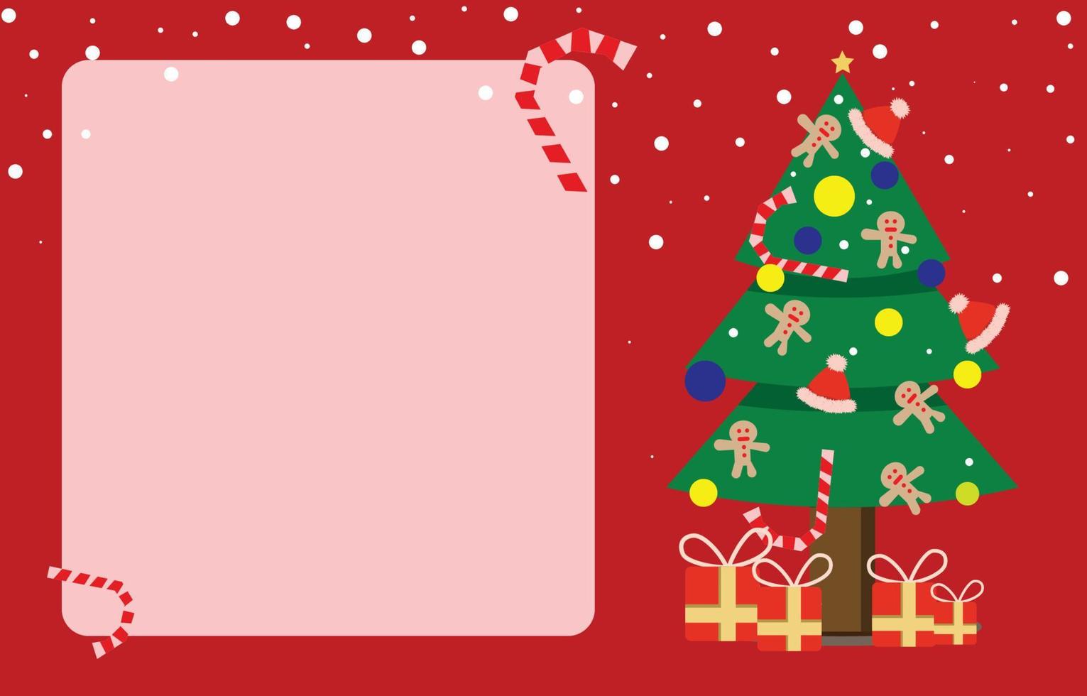 Blank square frame and christmas tree decorated with gifts and sweets, new year and christmas greeting card concept, vector background.