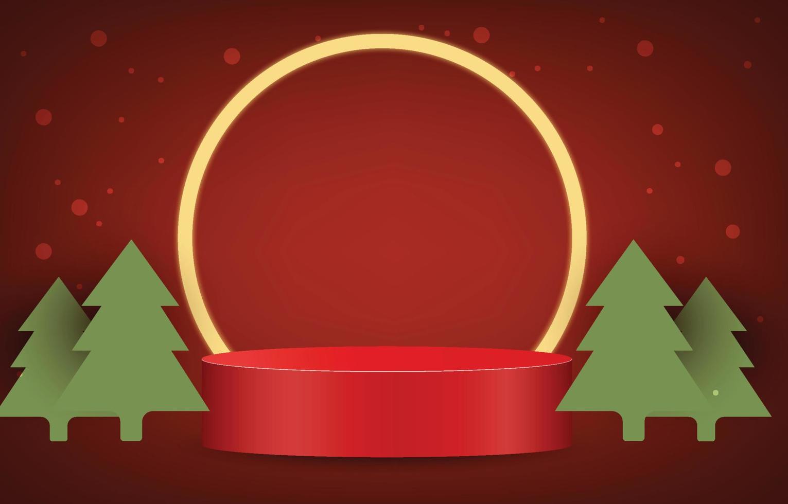 Red Christmas podium decorated with pine trees. Empty cylinder mockup background image concept. Vector for design sales and product advertising materials.