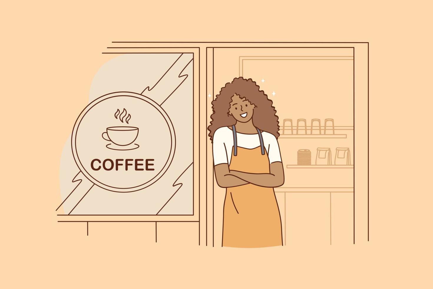 barista durante el concepto de trabajo. joven sonriente mujer negra barista personaje de dibujos animados trabajando en la cafetería de pie y sonriendo mirando a la cámara esperando a los clientes ilustración vectorial vector