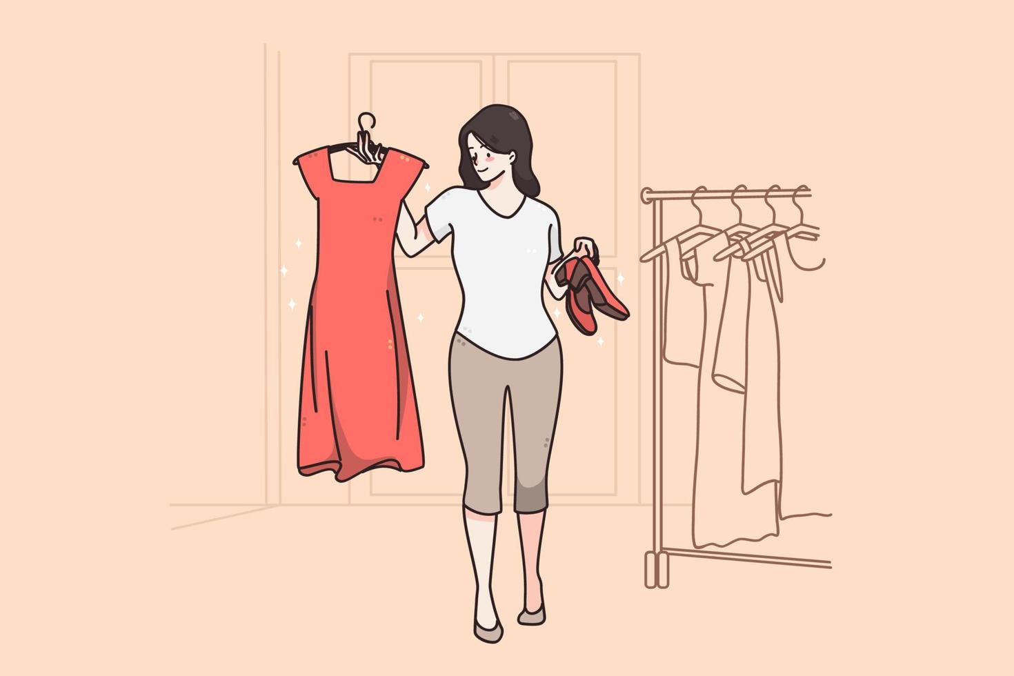 Hard choice and fitting room concept. Stylish young woman cartoon character smiling holding red dress and shoes posing in dressing room vector illustration