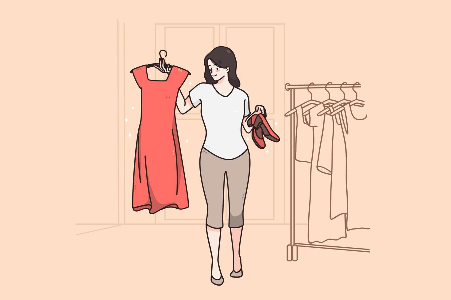 elección difícil y concepto de probador. elegante personaje de dibujos animados de mujer joven sonriendo sosteniendo vestido rojo y zapatos posando en la ilustración de vector de vestidor