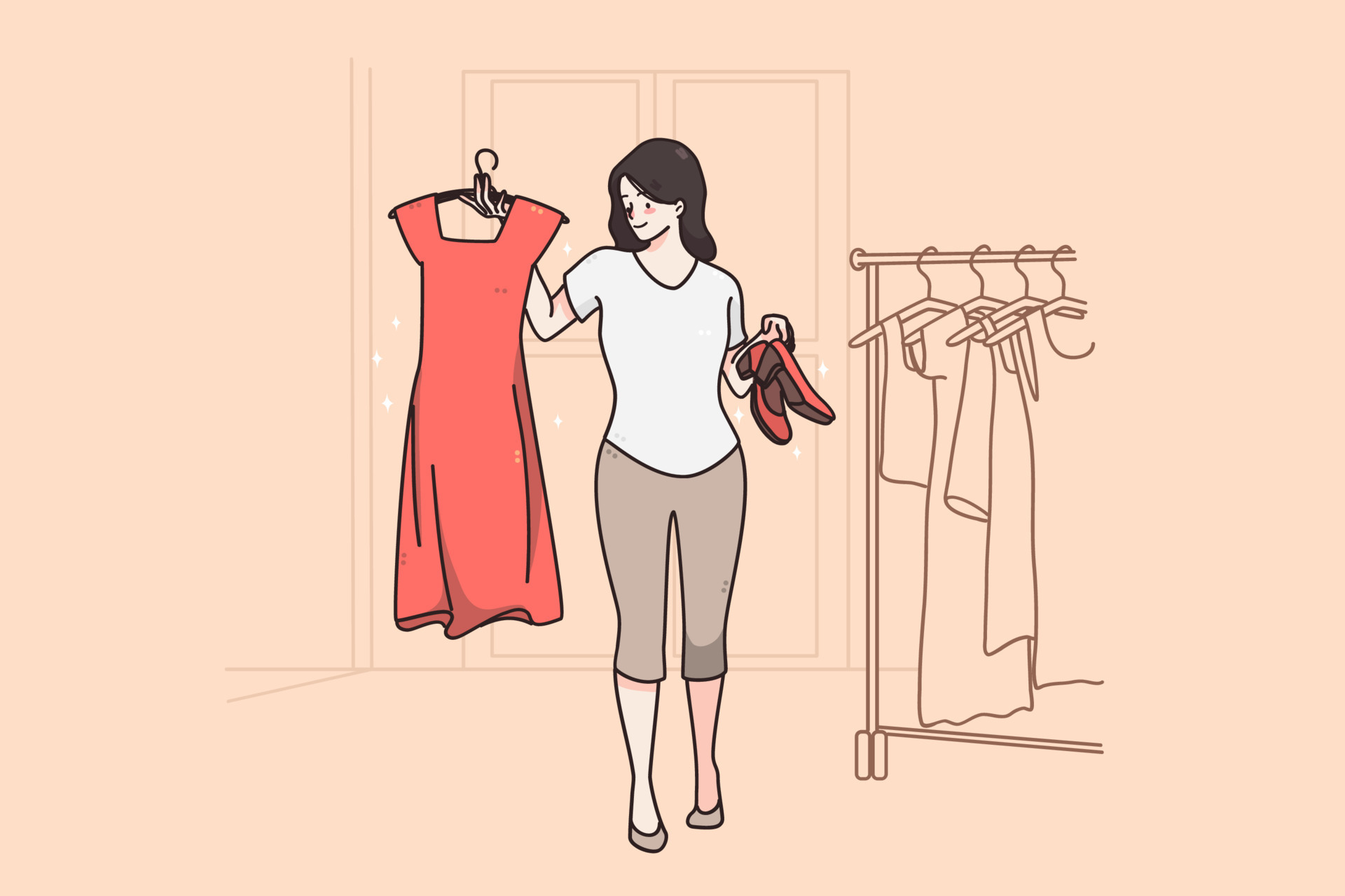 Hard choice and fitting room concept. Stylish young woman cartoon character  smiling holding red dress and shoes posing in dressing room vector  illustration 14018351 Vector Art at Vecteezy