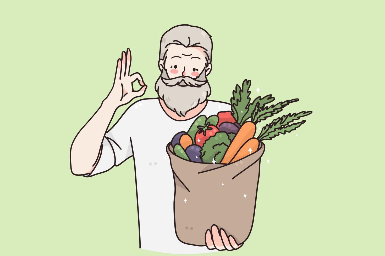 concepto de estilo de vida y comida vegana saludable. joven, feliz, positivo, anciano, caricatura, carácter, posición, y, tenencia, cesta, con, fresco, crudo, orgánico, vegetales, y, frutas, en, manos, vector, ilustración vector