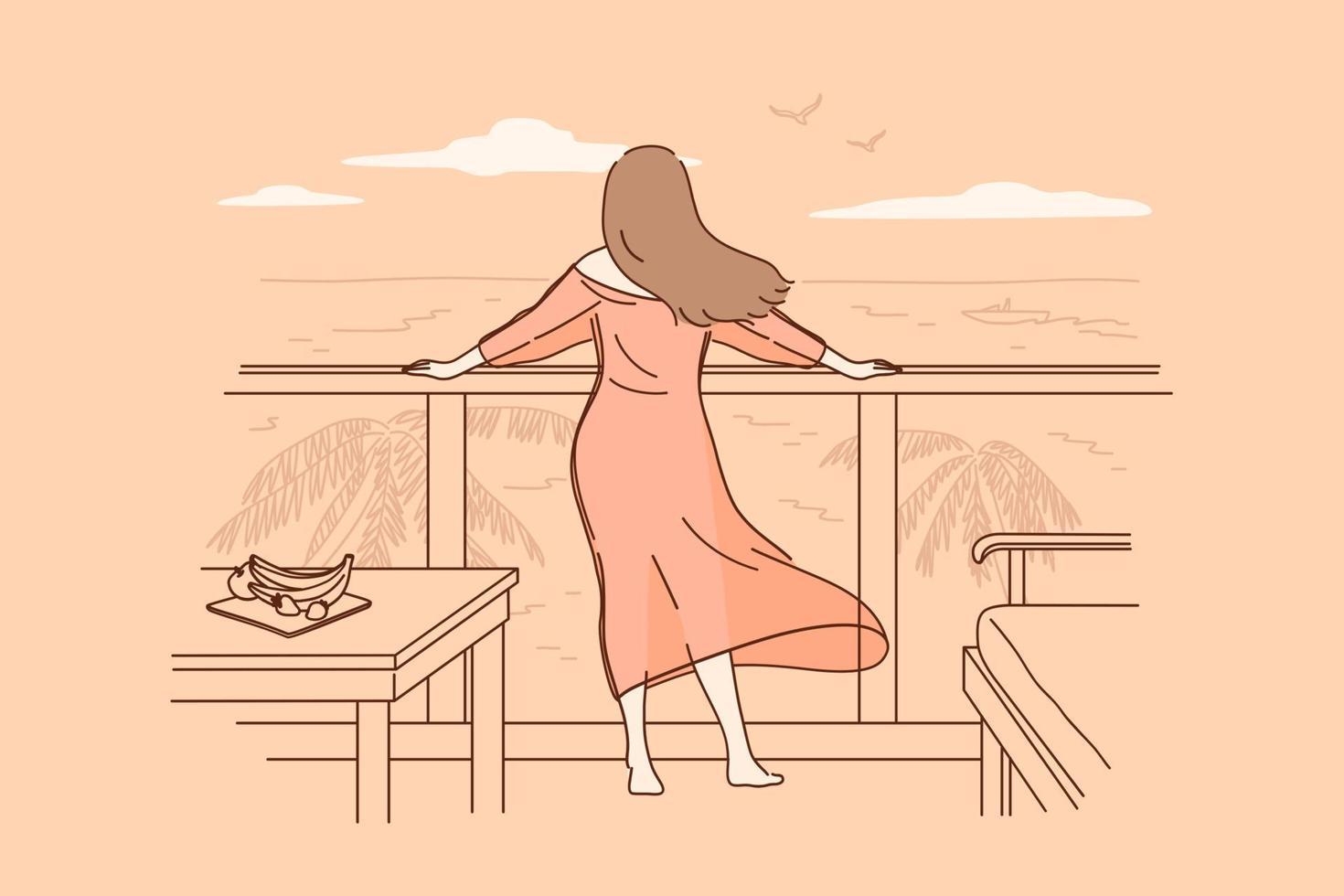 concepto de relajación y vacaciones en la playa del mar. mujer joven de pie hacia atrás y descansando en el balcón mirando la vista con la ilustración del vector de la costa del mar