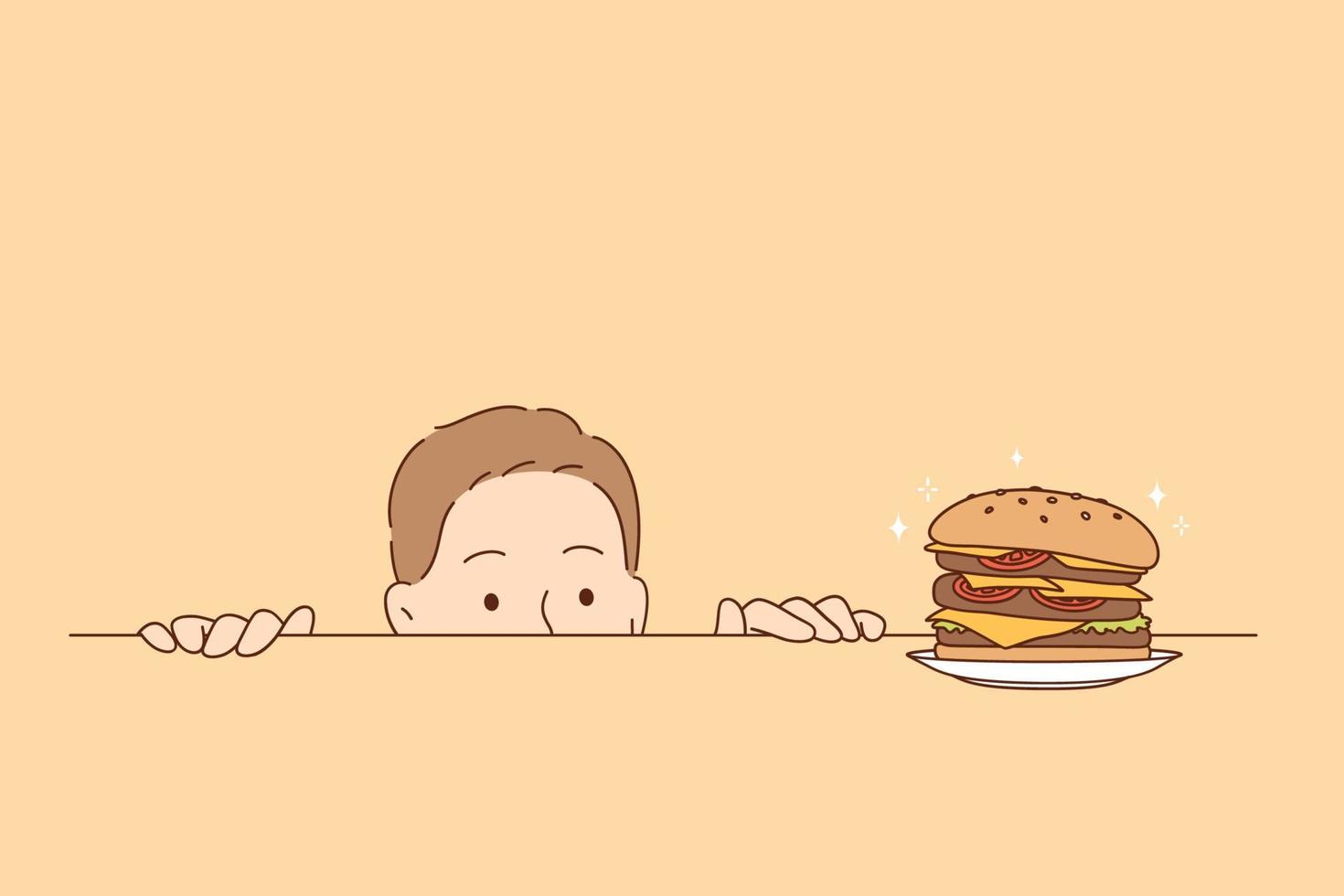 sobrealimentación, nutrición, concepto de hambre. divertido personaje de dibujos animados de hombre hambriento mirando una sabrosa hamburguesa en la mesa esforzándose por comérselo todo ilustración vectorial vector