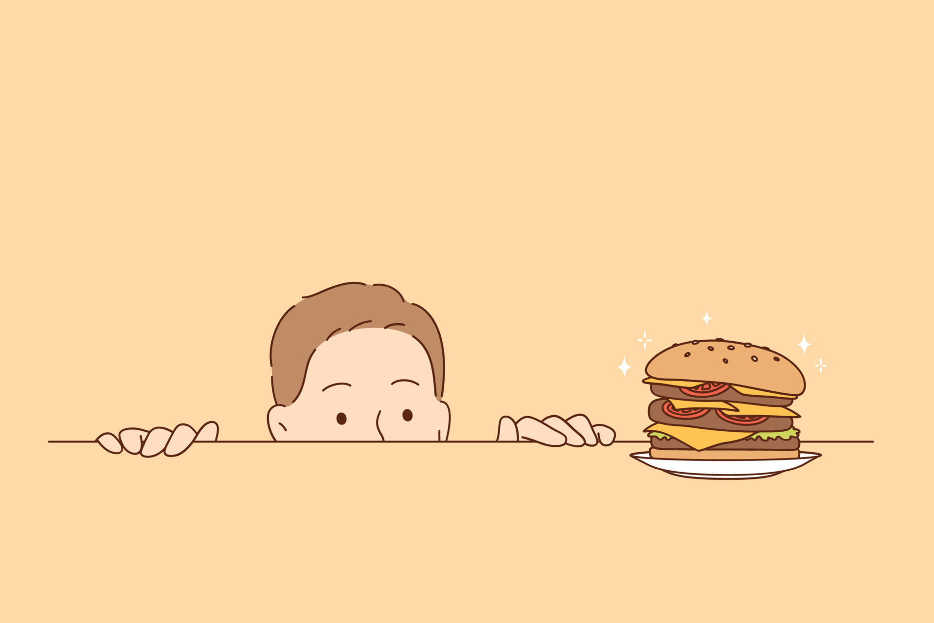 Overeating, nutrition, hunger concept. Funny hungry man cartoon character  looking at tasty burger on table striving to eat it all vector illustration  14018358 Vector Art at Vecteezy