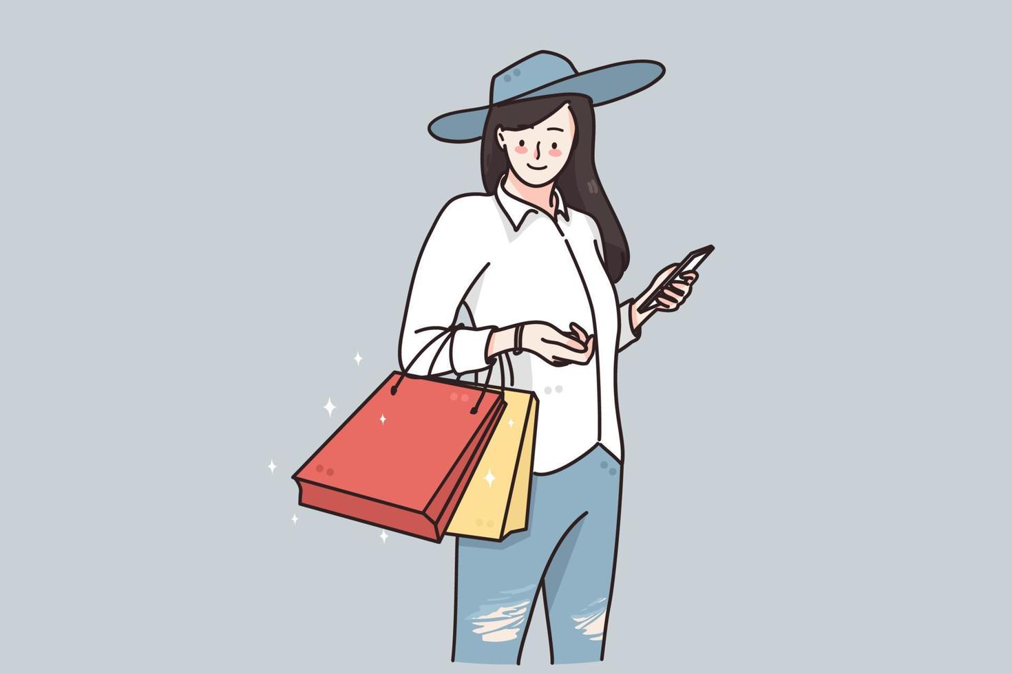 Shopping, sales and discount concept. Young happy woman cartoon character in hat standing with shopping bags purchases and feeling positive vector illustration