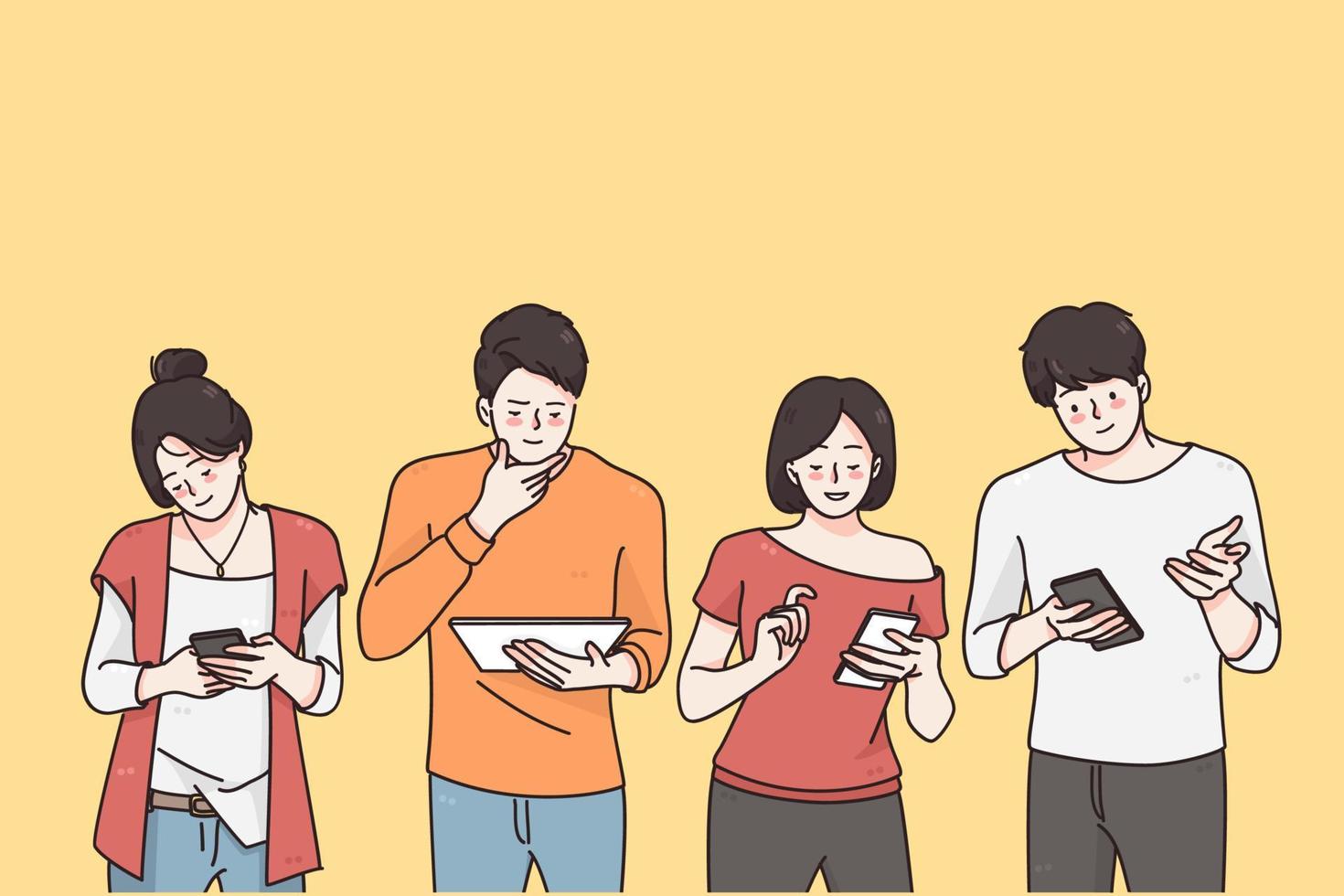Technologies and surprise concept. Surprised teens children cartoon characters looking into their mobile phones feeling surprised and positive vector illustration