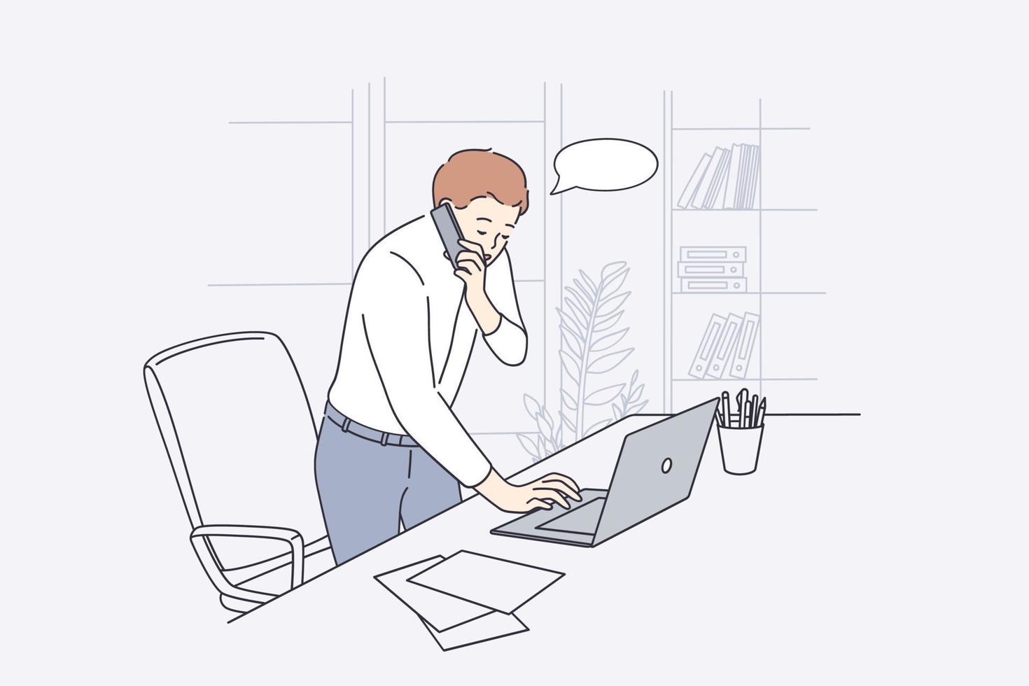 Working in office, communication concept. Young businessman office worker cartoon character standing talking on phone while typing on laptop vector illustration