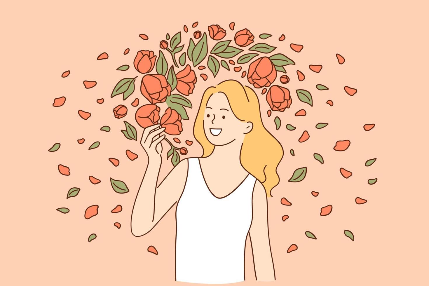 concepto de belleza natural y flores. joven modelo de mujer sonriente con vestido blanco mirando las flores mientras está de pie junto a las flores en la ilustración de vector de día de verano