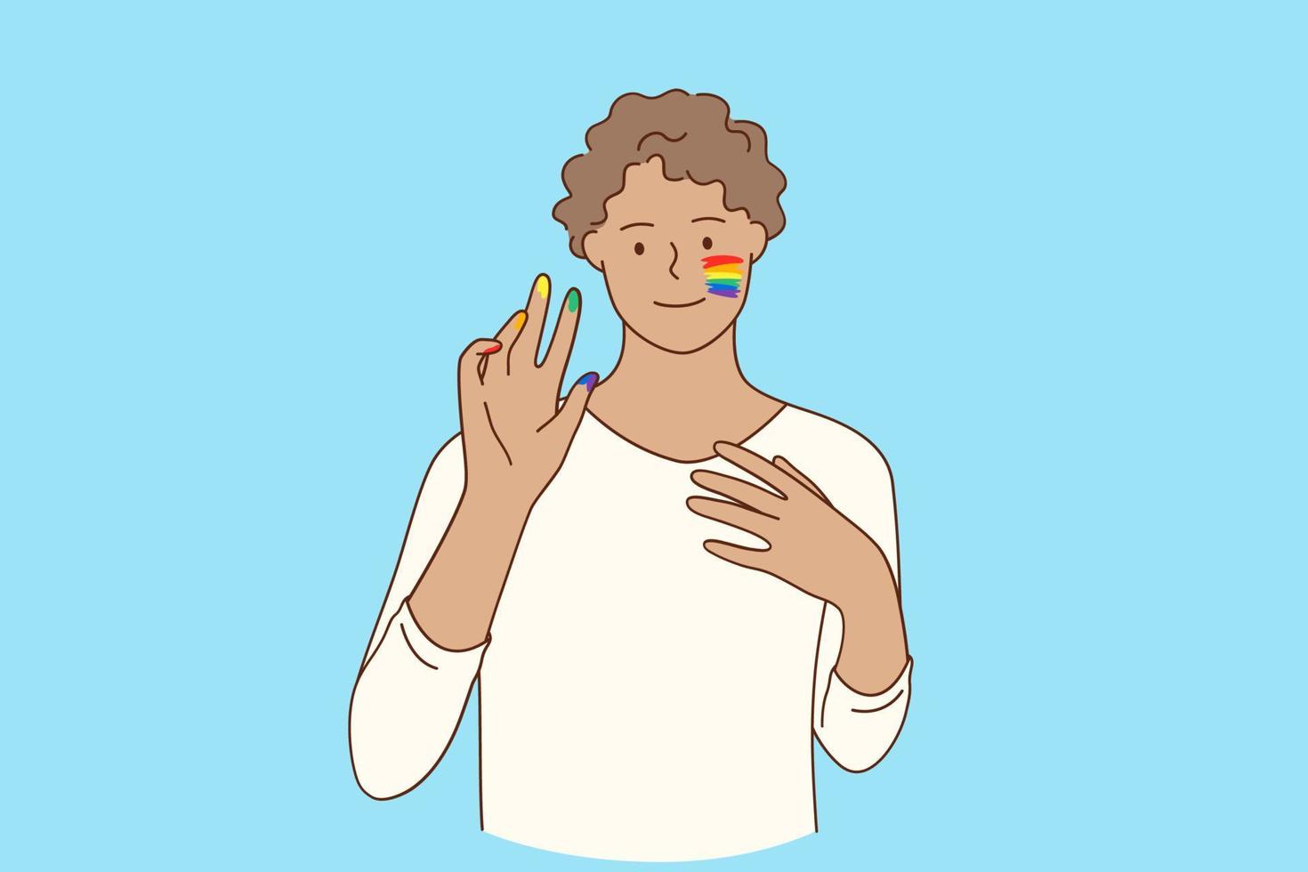 Sexual minorities and equal rights concept. Young smiling man with LGBT flag painted on his cheek and fingers meaning equality and freedom of choice vector illustration